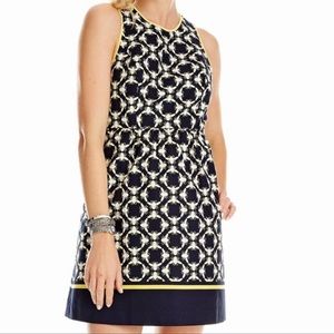 Crown & Ivy Geometric Bee Print Navy, White & Yellow Structured Back Zip Dress